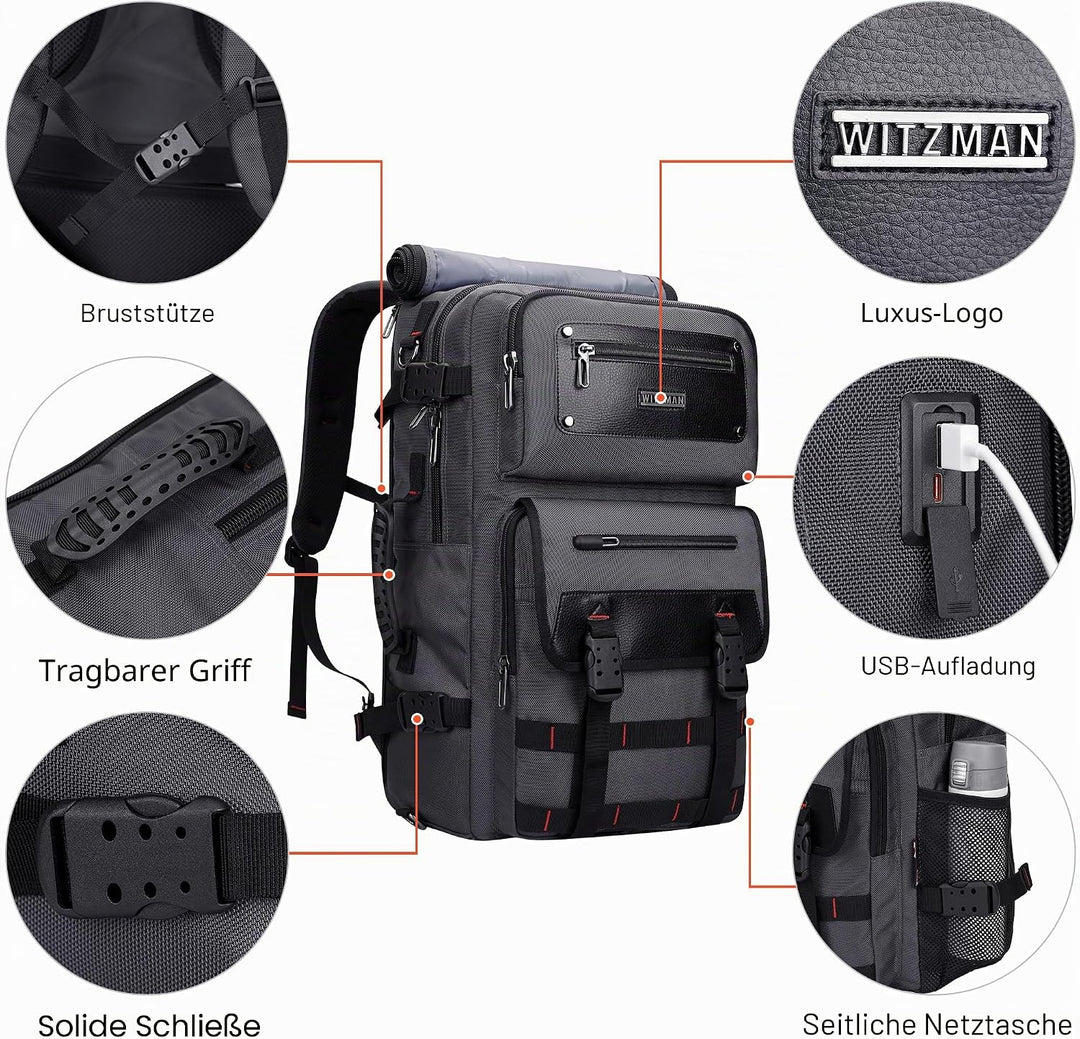 WITZMAN Reiserucksack Herren mit USB-Ladeanschluss Gross als Nylon Reisetasche Tragbar Fit 17 zoll L