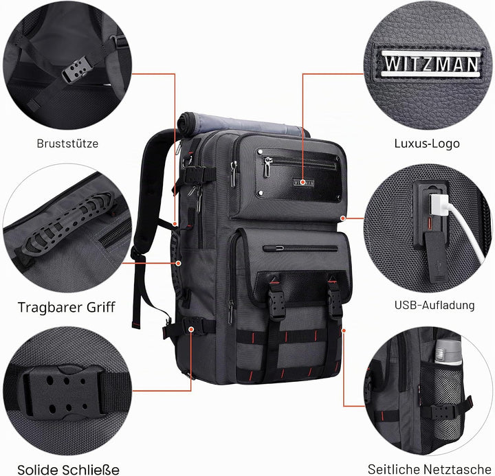 WITZMAN Reiserucksack Herren mit USB-Ladeanschluss Gross als Nylon Reisetasche Tragbar Fit 17 zoll L