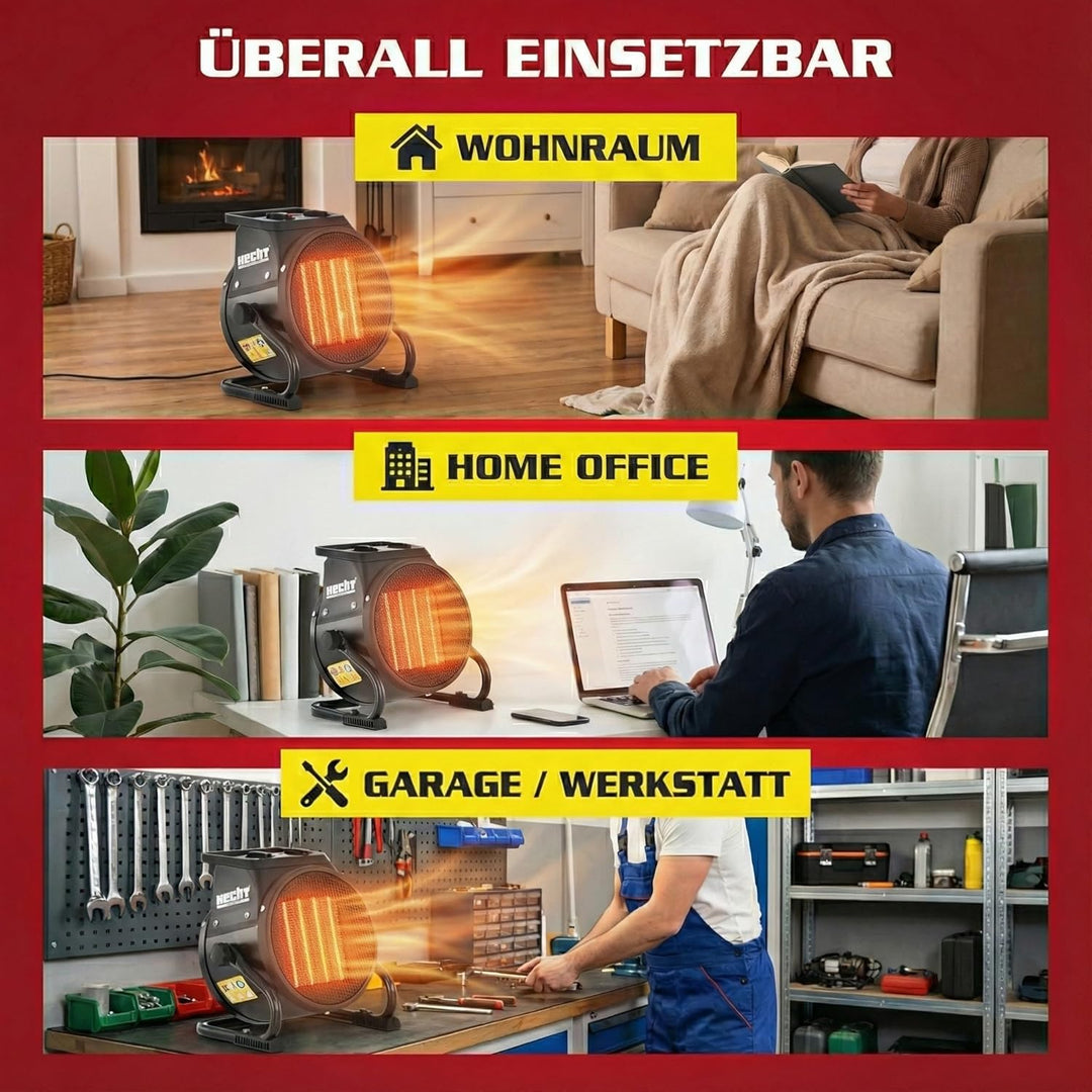 HECHT Keramik Heizstrahler (NEU) – Tragbare Heizer mit 2000W oder 3000 Watt – Thermostat – Überhitzu