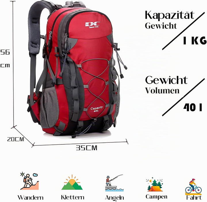 Wanderrucksack 40l Damen Herren Rucksack Wasserdicht Reiserucksack mit Regenschutz Rot, Rot