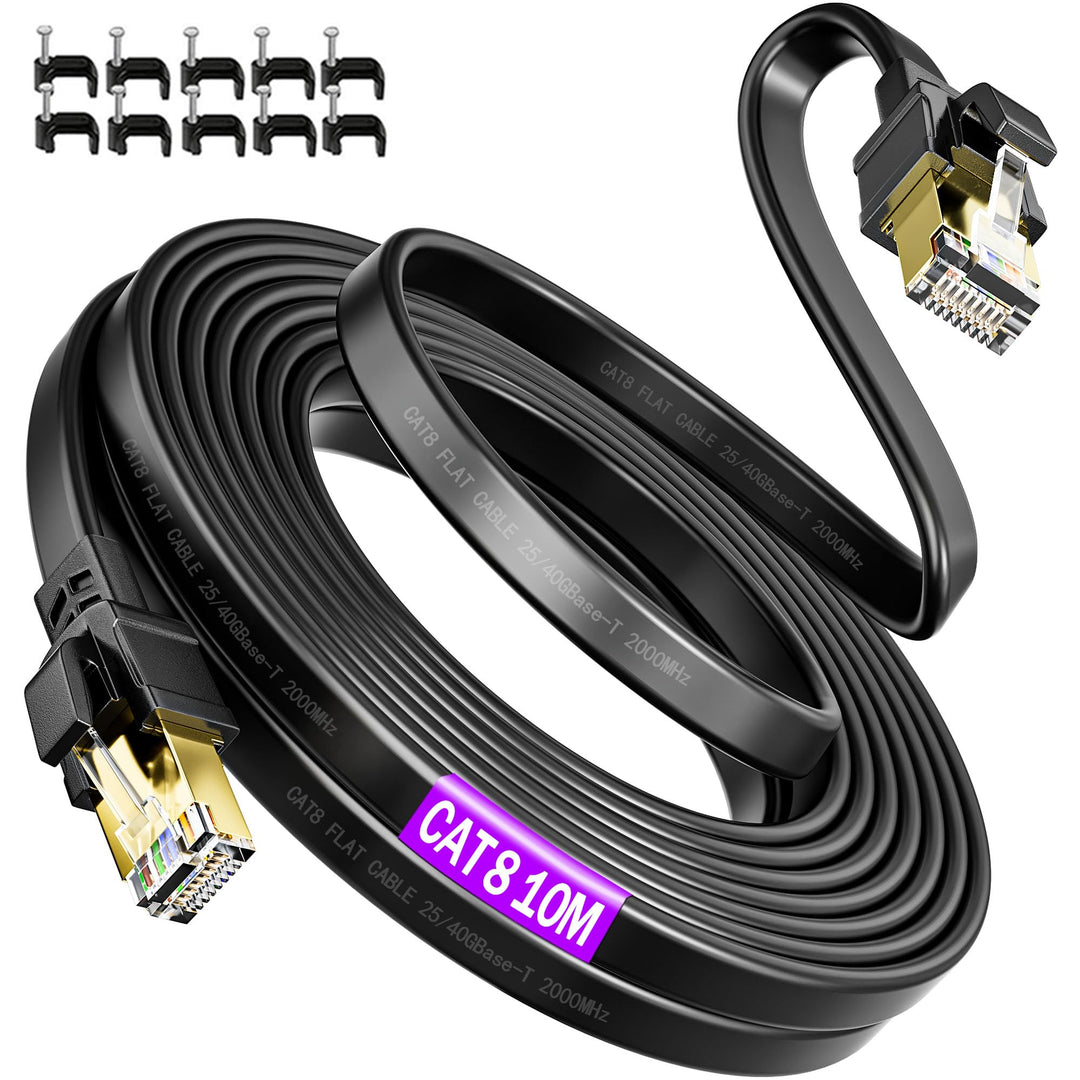 LAN Kabel 10 Meter Cat 8, 40Gbps Netzwerkkabel 10m Geschirmt Flach Hochgeschwindigkeit 2000MHz RJ45