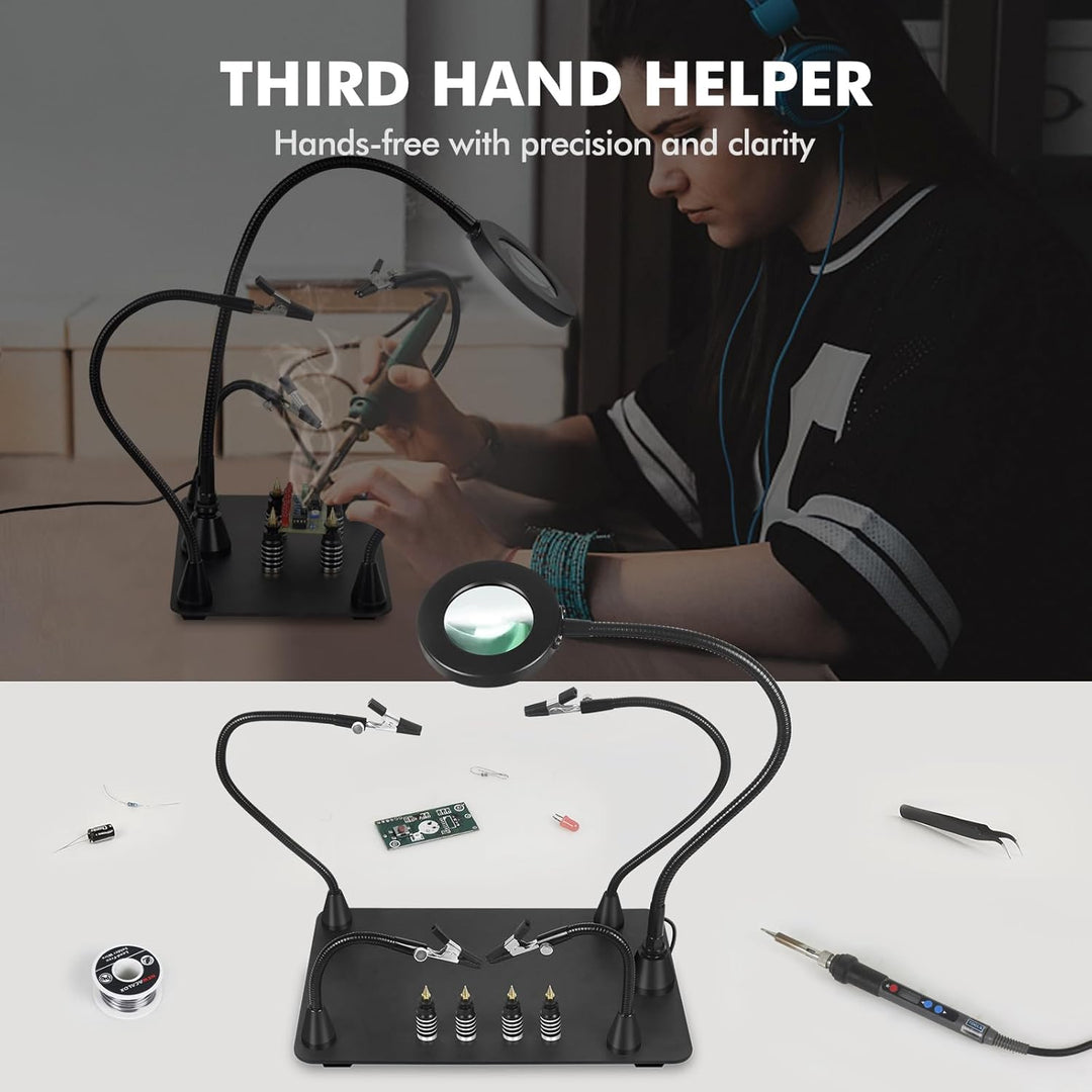Magnetische helfende Hand, lötende Dritte Hände mit 3X LED Lupenlampe, 4 PCB Säulen Leiterplattenhal