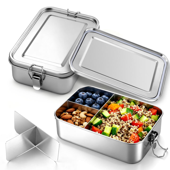 Homikit Brotdose mit Fächern 2er Set, 1400ml Edelstahl Lunchbox Bento Box Erwachsene, Auslaufsicher