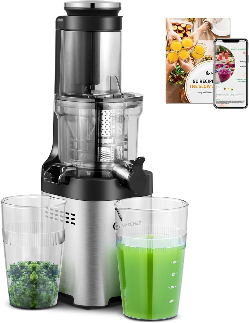 AMZCHEF Entsafter Testsieger 250W Edelstahl Slow Juicer - 79mm Öffnung für Gemüse/Ganzes Obst, Anti-