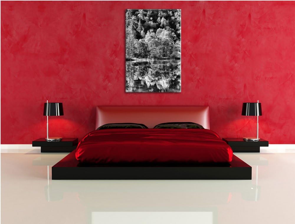 Pixxprint herbstlicher Wald am See / 100x70cm Leinwandbild bespannt auf Holzrahmen/Wandbild Kunstdru