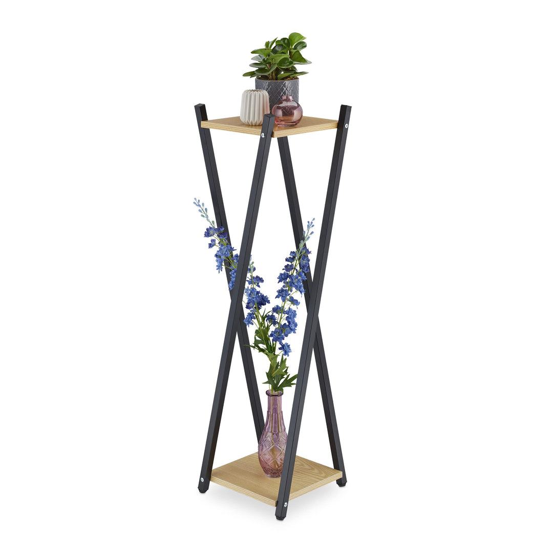 Relaxdays Blumenständer, 2 Etagen in Holzoptik, Metall, MDF, moderner Blumenhocker, HBT: 99x29x29 cm