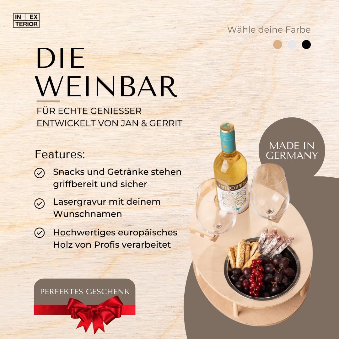 INEXTERIOR – Couchbar WeinBar handgefertigt aus Holz Naturfarben mit Wunschgravur – Runde Snack Box