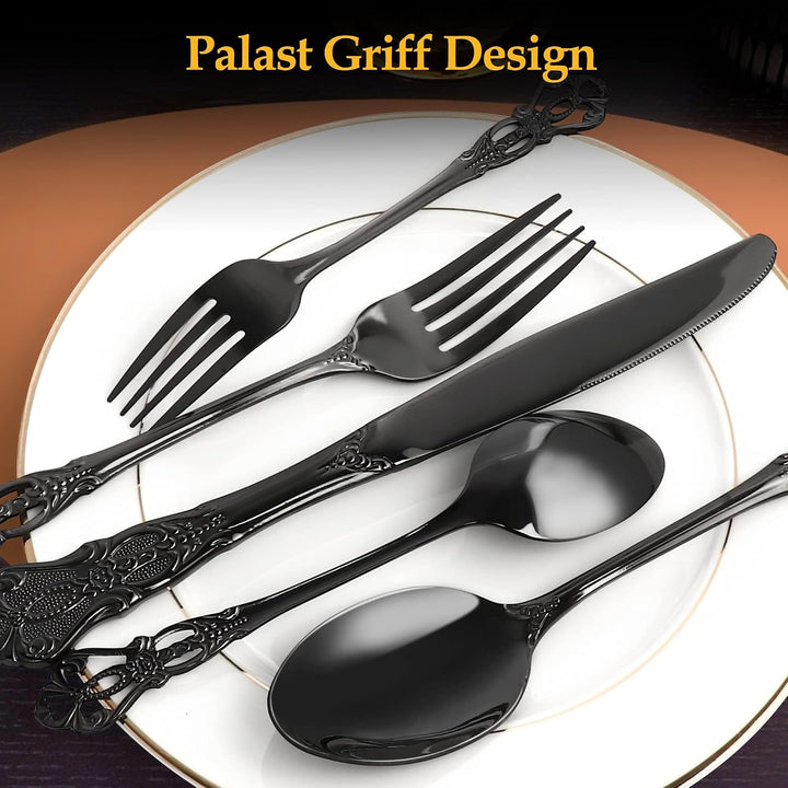 Besteck Set, 40-teilig Besteck Schwarz, Vintage Palast-Stil Besteckset 8 Personen aus Edelstahl, Sch