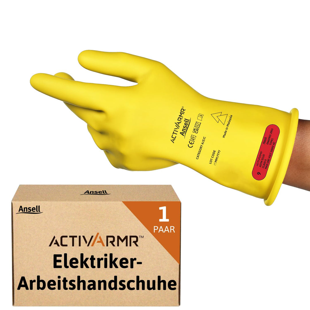 Ansell ActivArmr Elektriker-Schutzhandschuhe, Elektroschutz Klass 0 (1000V), Elektrisch Isolierende