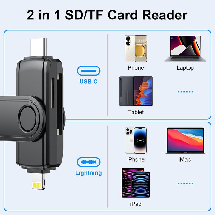Card Reader 2-in-1 USB-C Lightning SD-Kartenleser für iPhone 15, iPad, Mac – Tragbarer Micro SD/SD-A