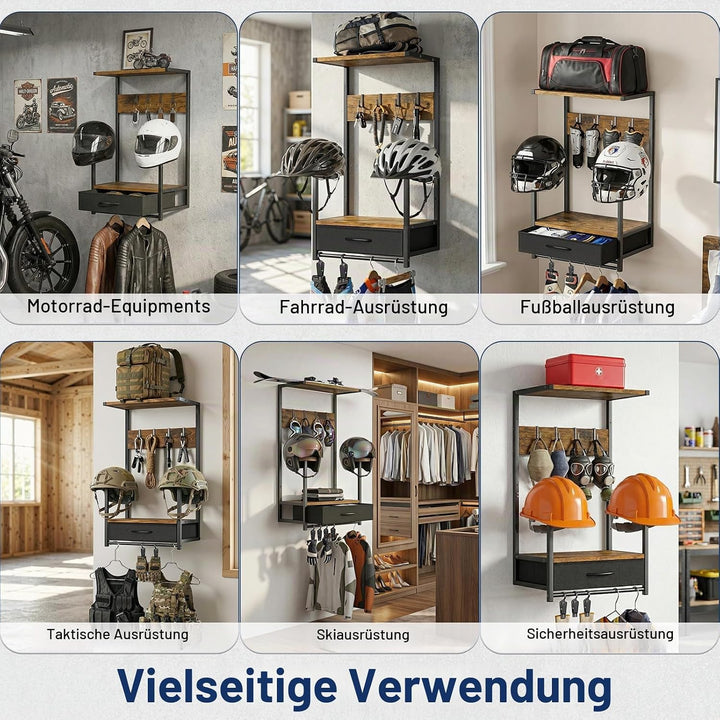 Housolution Motorradhelm Wandhalterung mit Stoffschublade, Helmhalterung mit 4 Handschuhchips und 4