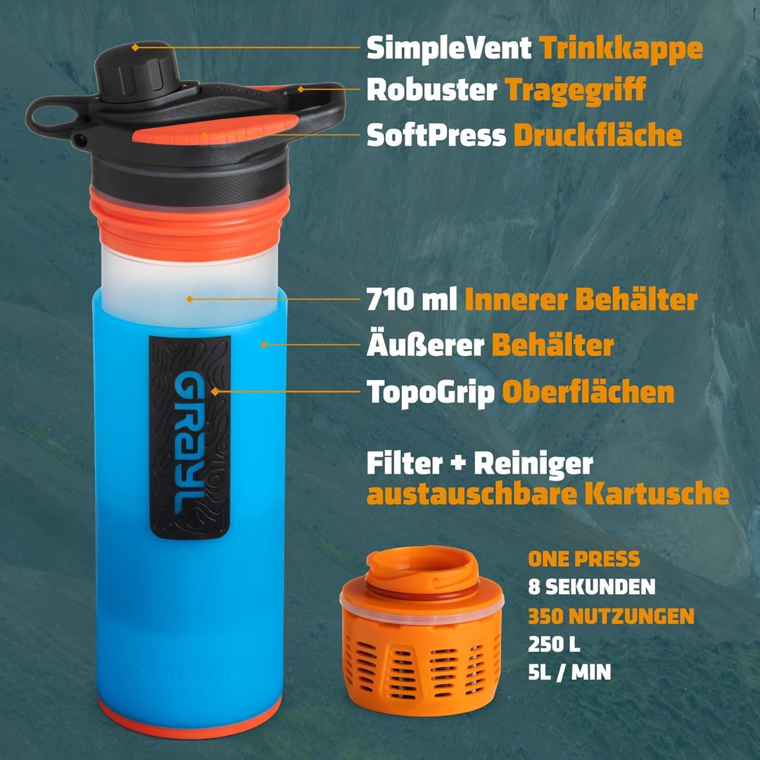 GRAYL GeoPress 710ml Outdoor Wasserfilter Trinkwasser I Eliminiert 99,99% aller Bakterien und Viren