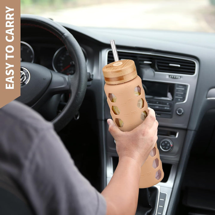 950ML Glaswasserflasche mit 2 Deckel Flip und Bambusstroh Deckel Sport Wasserbecher mit Zeiterinneru