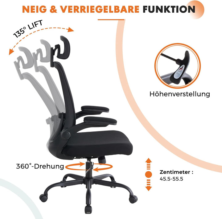 Sweetcrispy Ergonomischer Bürostuhl mit Kopfstütze & verstellbaren Armlehnen, 360° Drehfunktion, Höh