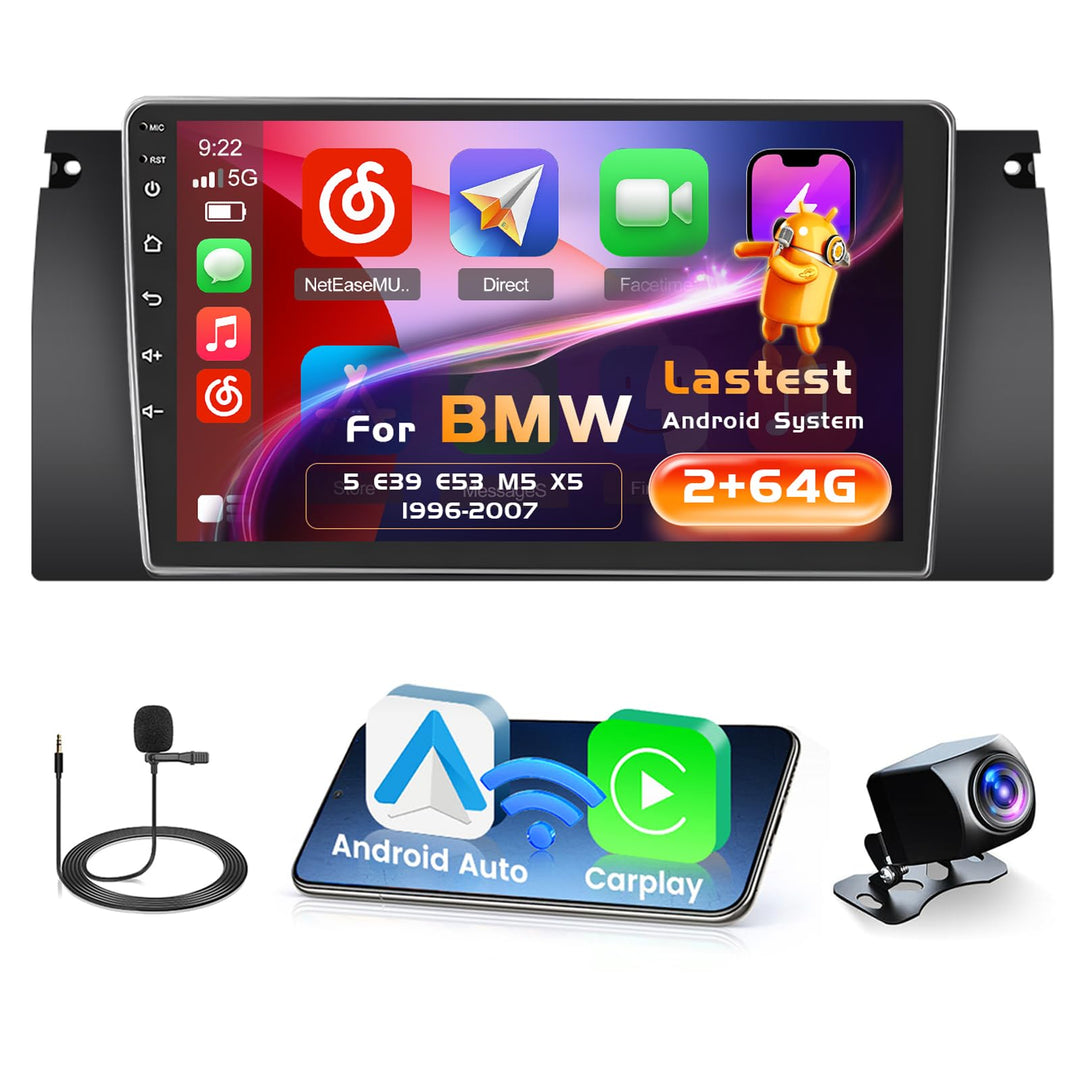 Radio für BMW 5 E39 E53 M5 X5 1996-2007 Android 15 2+64G mit Wireless CarPlay Android Auto, 9 Zoll B
