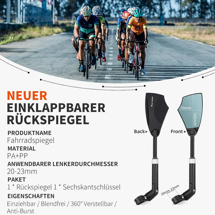 Fahrradspiegel für E-Bike - FahrradRückspiegel Klappbar für Lenker 20-23mm, Fahrrad Spiegel Einziehb