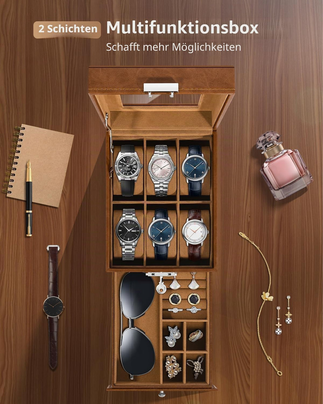 Uten Uhrenbox, 6 Fächern und 1 Schublade mit Schlüsselschloss, Glasdeckel, Braunes PU, Braunes Samtf