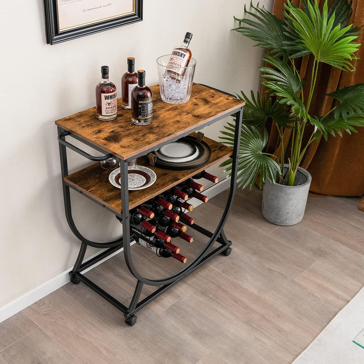 KOMFOTTEU Weinregal mit Rollen, Weinwagen mit 2 Ablagen, Flaschenregal für Flaschen &amp; Glas, Barwagen