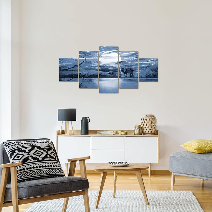 Runa Art Wandbilder Afrika Elefant 5 Teilig Bild auf Vlies Leinwand Deko Wohnzimmer Schlafzimmer Pan