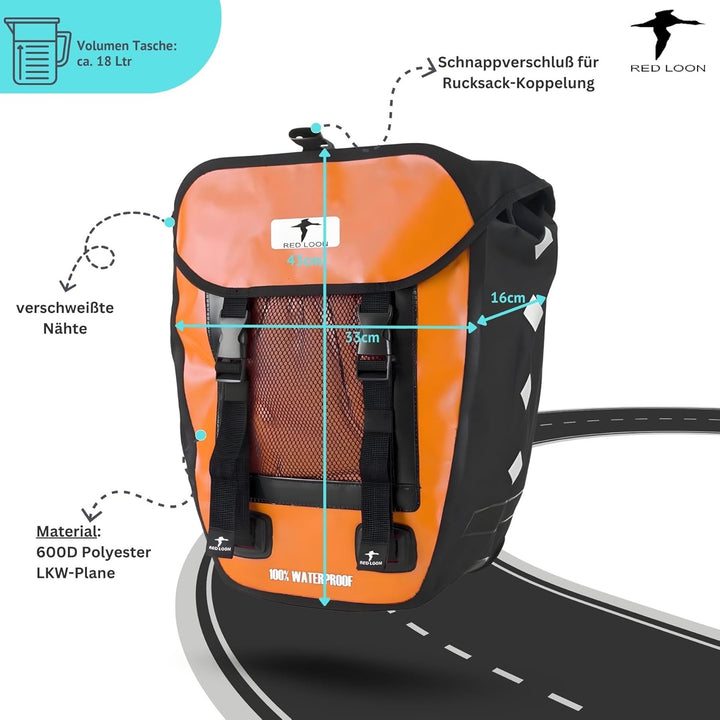 Red Loon 1 x robuste Fahrradtasche aus LKW-Plane – wasserdichte Packtasche für Gepäckträger in Orang