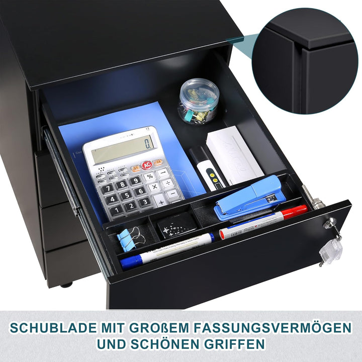 Rollcontainer mit Schubladen, Mobiler Aktenschrank unter Schreibtisch, Abschliessbarer Büroschrank,