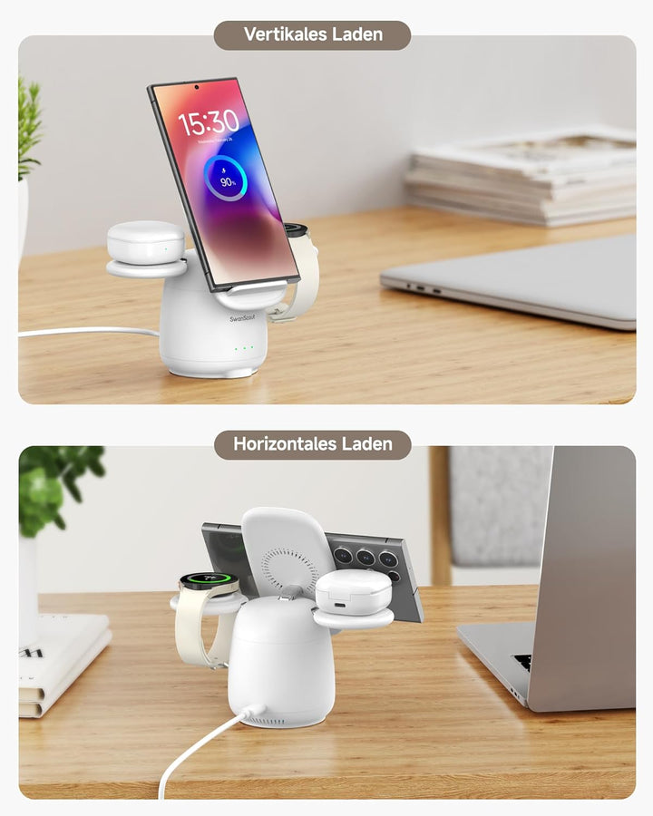SwanScout Induktive Ladestation für Samsung S26+, 3 in 1 Wireless Charger für Samsung S25/S24/S23/Z