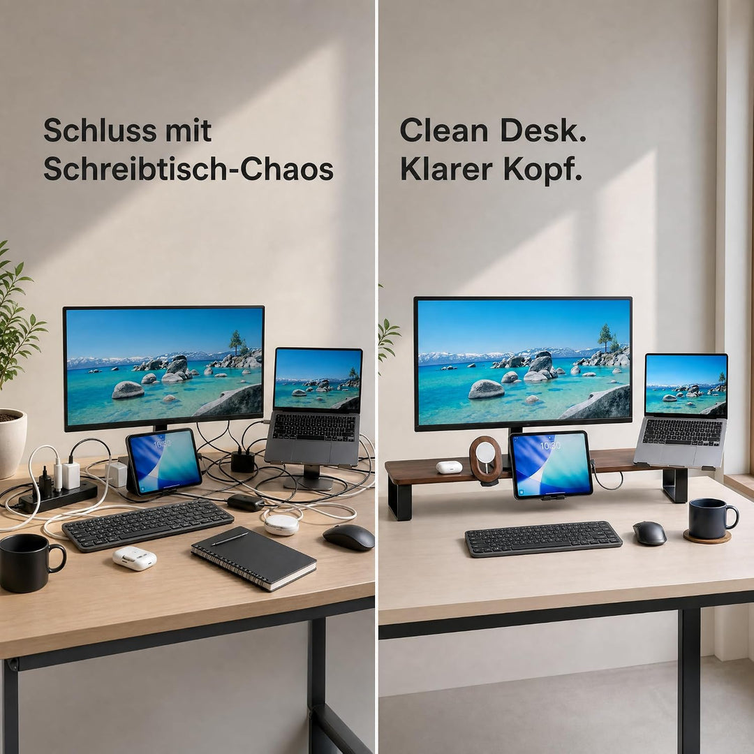 Monitorständer Desk Shelf 120 cm Walnuss | Monitorerhöhung Holz mit modularem Schienensystem | Schre