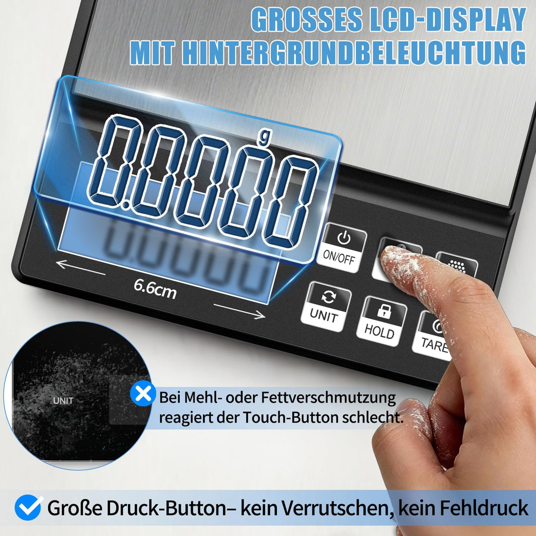 Hochpräzise Digitale Küchenwaage 2kg/1g, Bäckereiwaage mit Prozentfunktion, Edelstahl Wiegeplatte, 2