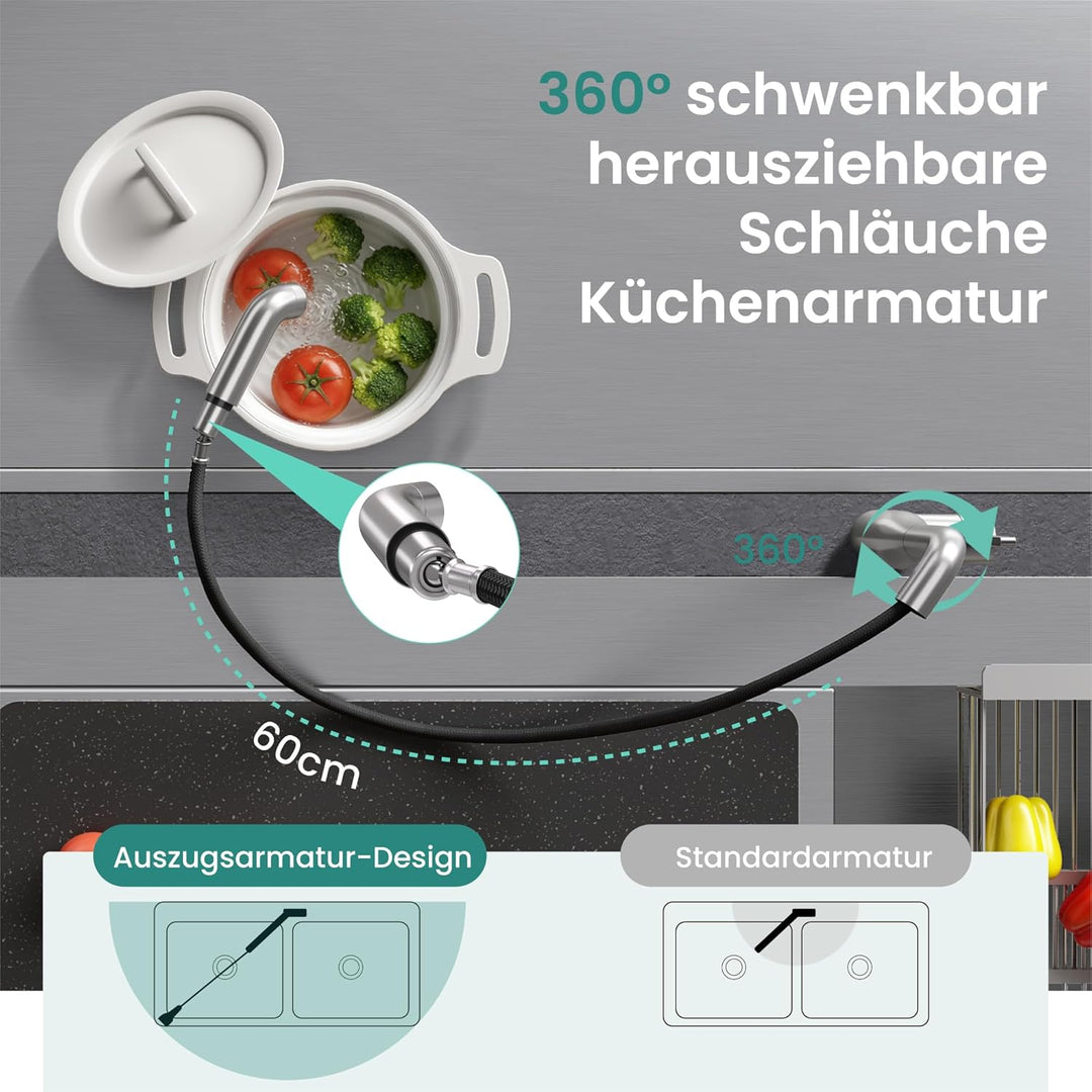 Mai &amp; Mai Wasserhahn Küche ausziehbar, Küchenarmatur Gebürstet silber | Mischbatterie Küche 360°Schw