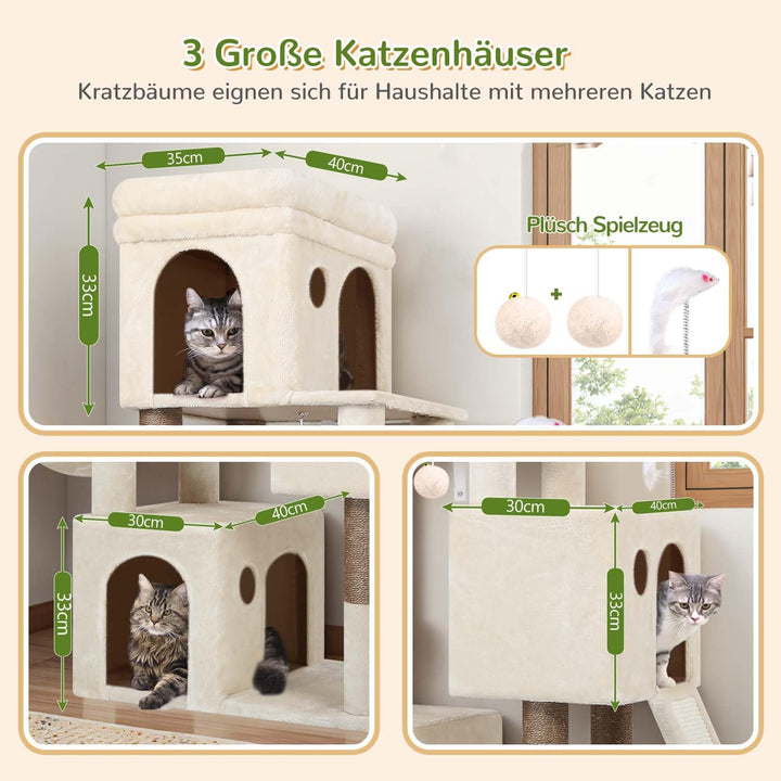 Globlazer Kratzbaum Beige für 2-4 Katzen mit 3 Grosse Katzenhaus 40*33*35cm, Weich Katzenkorb, Kratz