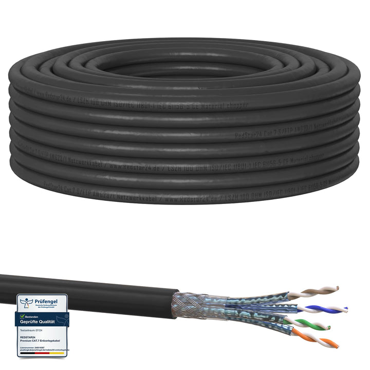 30m Cat7 Erdkabel Verlegekabel Outdoor Lan Kabel Installationskabel Schwarz AWG23/1 CAT 7 S/FTP Ethe