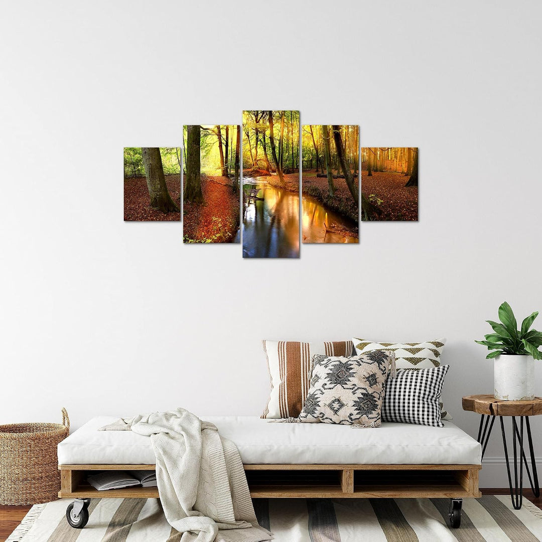 Runa Art Bild Schlafzimmer Wohnzimmer Wald Landschaft 5 Teilig Fluss Braun Wandbilder auf Vlies Lein