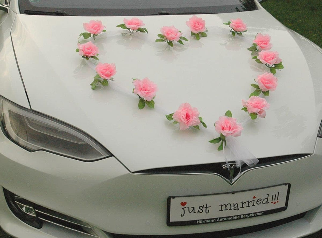 Organza Herz Auto Schmuck Braut Paar Rose Deko Dekoration Autoschmuck Hochzeit Car Auto Wedding Deko