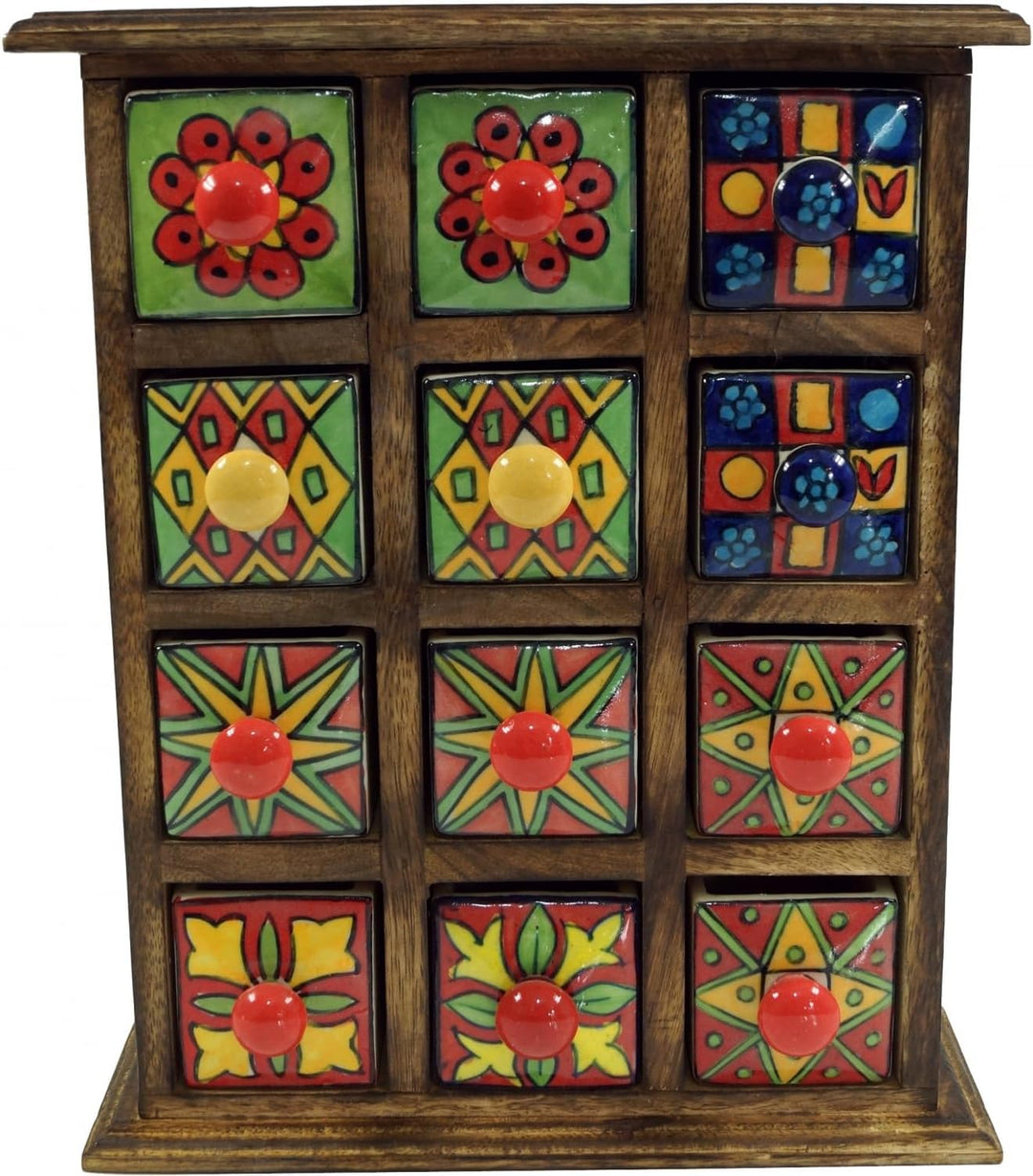 GURU SHOP Apothekerschränkchen mit Bunten Keramik Schubfächern - 3x4 Fächer, Braun, 32x25x10 cm, Dos