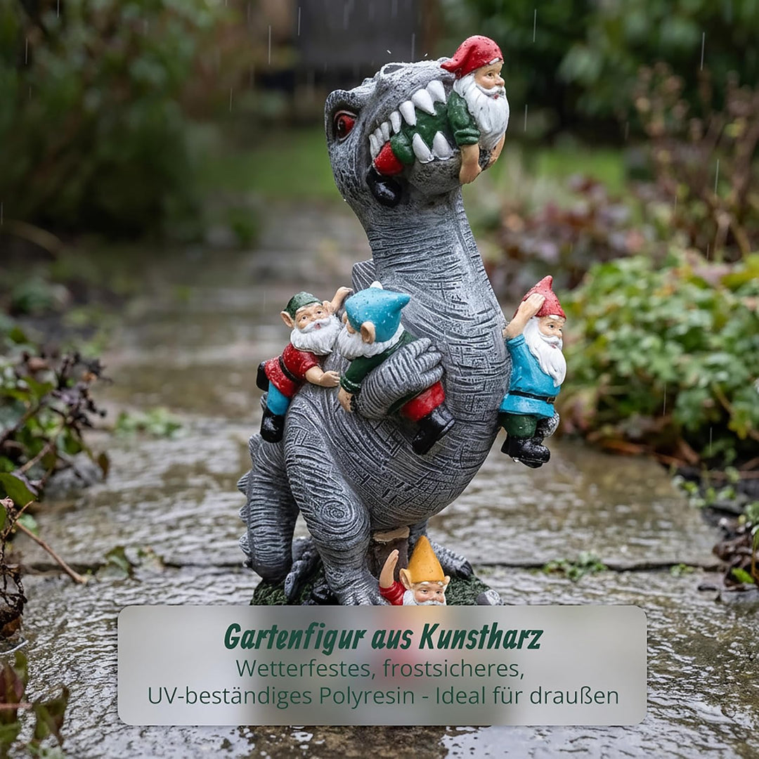 Relaxdays Gartenfigur, Dinosaurier frisst Gartenzwerge, wetterfeste Deko, Kleingarten, Kunstharz, 28