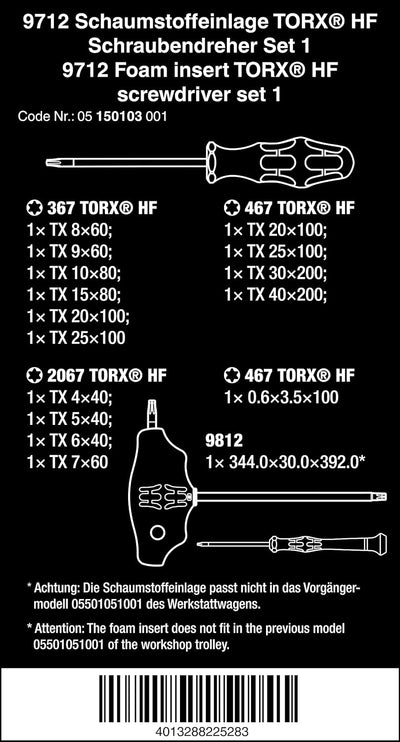 Wera 05150103001 9712 Schaumstoffeinlage, TORX® HF Schraubendreher Set 1, 14-teilig 9712 TORX HF Sch