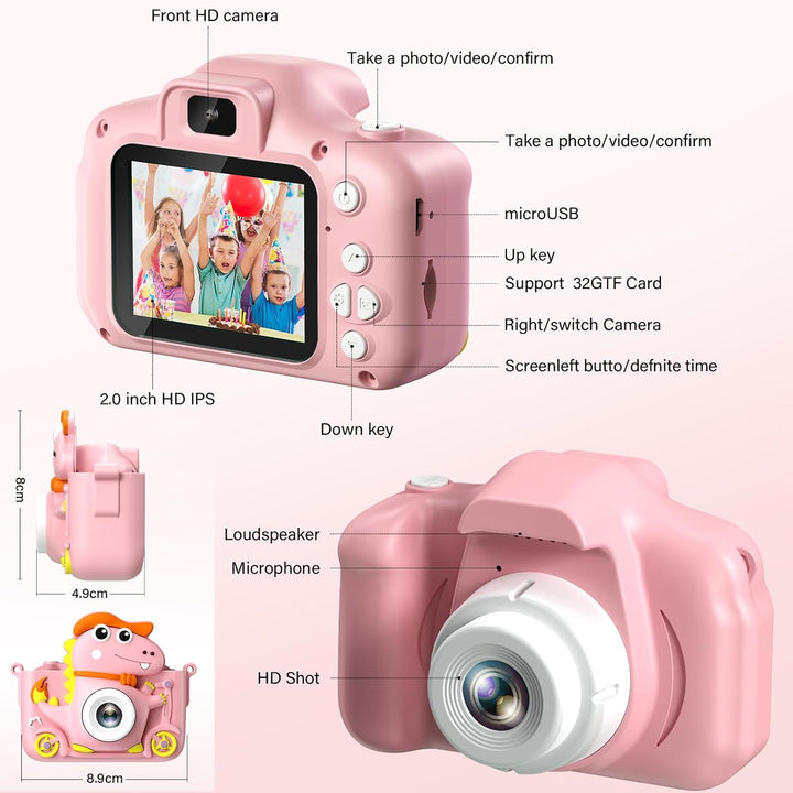 Kinderkamera Dinosaurier, Kinder Kamera 2" Display 1080P, Selfie Digitalkamera Kinder mit 32GB, Foto