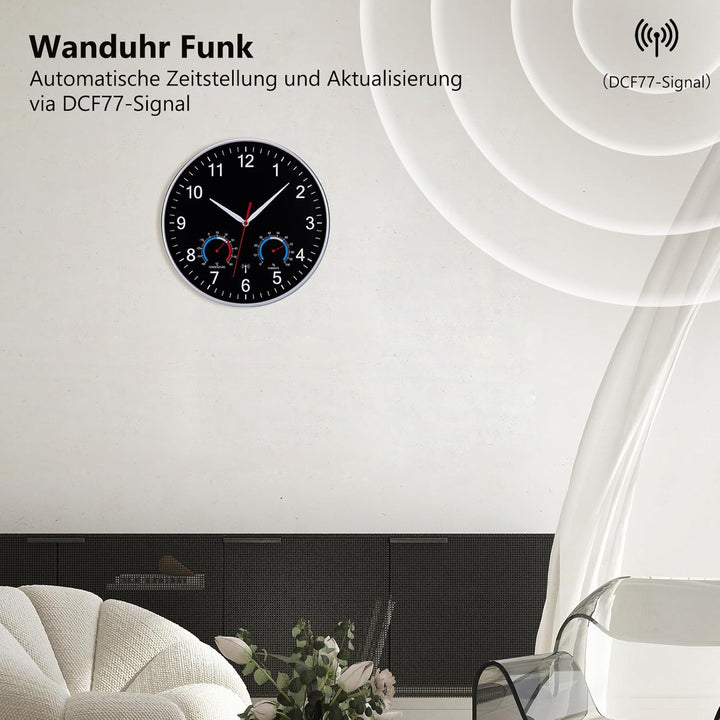 Wanduhr Funk Uhr Mit Temperaturanzeige und Luftfeuchtigkeit Funkuhr Wand Lautlos 30cm Funkwanduhr Mo