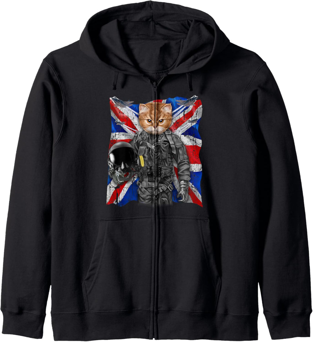 Orange Katze als Kampfpilot mit Union Jack Flagge Kapuzenjacke