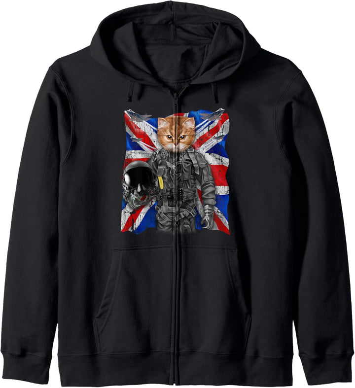 Orange Katze als Kampfpilot mit Union Jack Flagge Kapuzenjacke