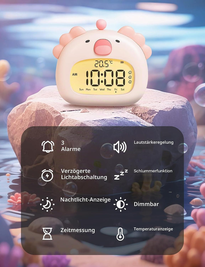 IHALO Cute Axolotl Kinderwecker, Nachttischwecker mit Nachtlicht, digitales LED-Display, 3,15 Zoll,