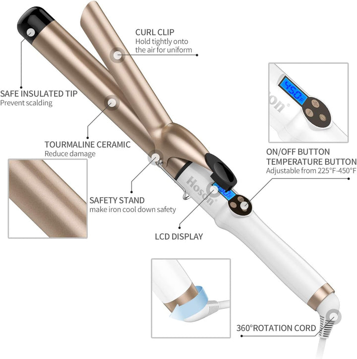 Hoson 32mm Lockenstab Pro Curl, Keramik Turmalin Beschichtung Lockenstab, LCD Display 9 Hitzeeinstel