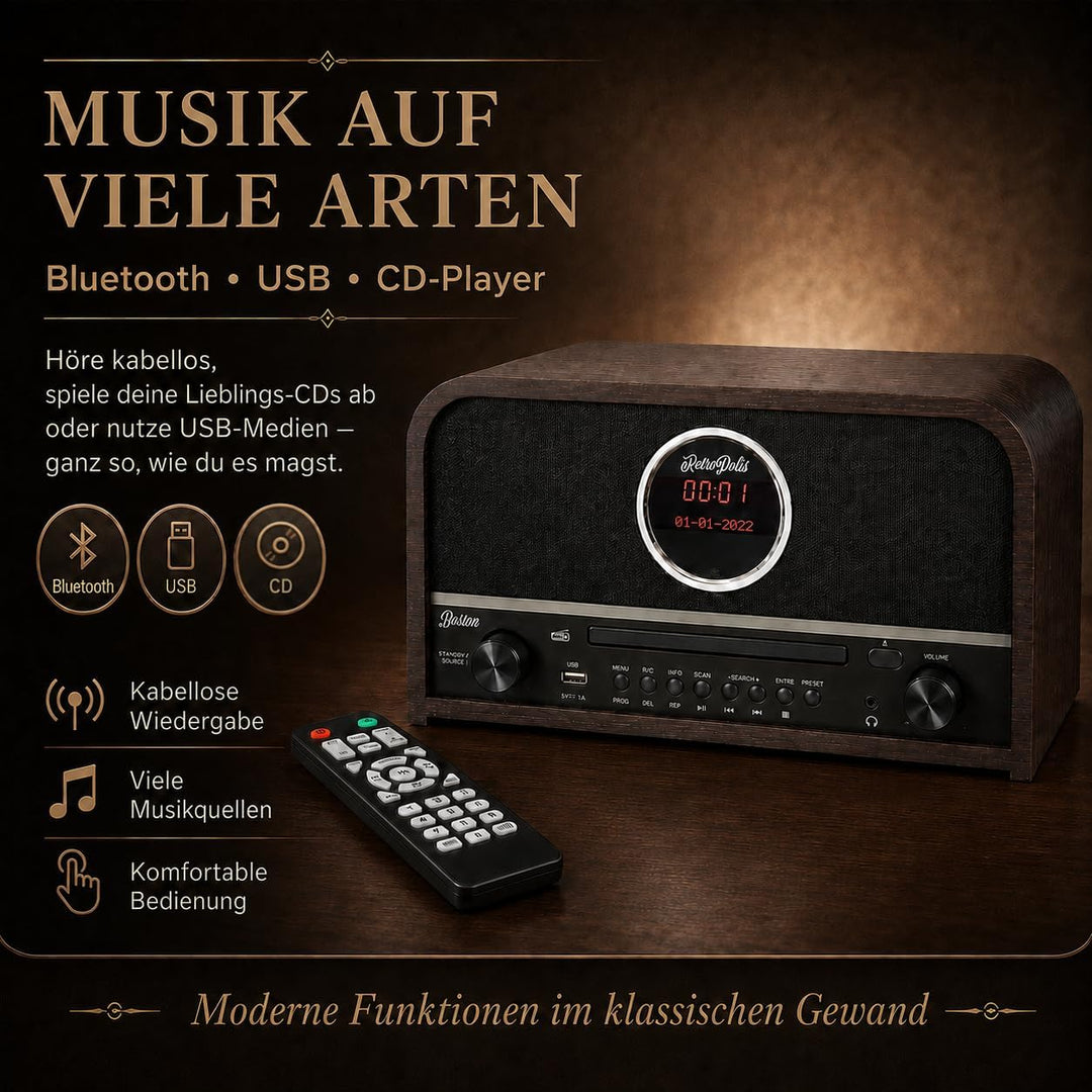Retropolis Boston Wohnzimmer-Radio – Netzwerk DAB+ DIGITAL AM/FM USB-A Bluetooth CD LED – Vintage De