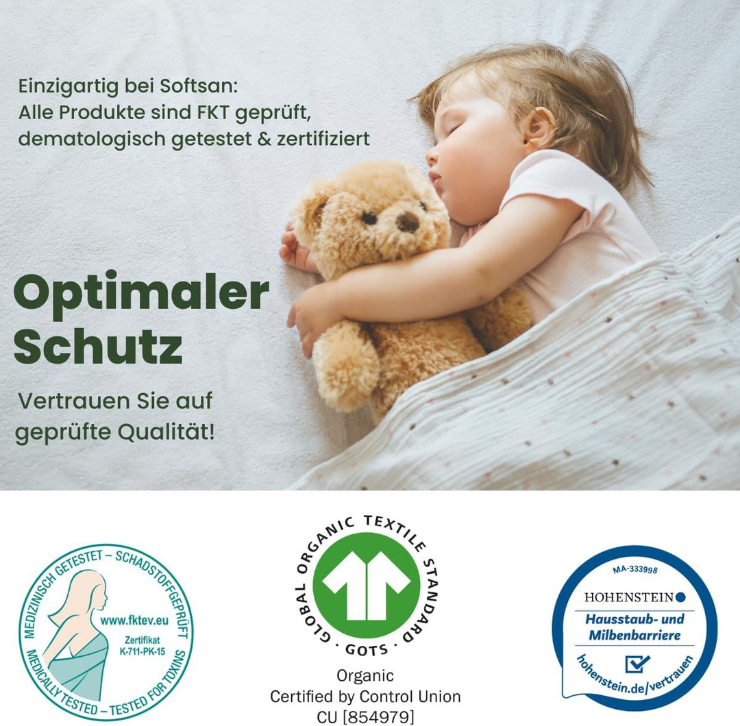 Softsan Encasing für Kinder Matratzen aus Bio Baumwolle | Schutzbezug für Allergiker | Anti Milben S