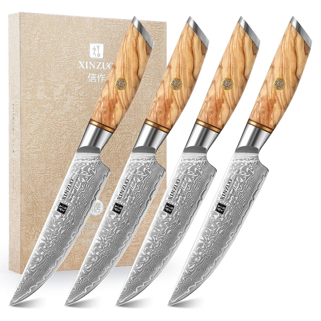 XINZUO Damaststahl 4-Teilig Steakmesser Set, 13.1cm Besteckmesser, für 4 Personen, Damastpulverstahl