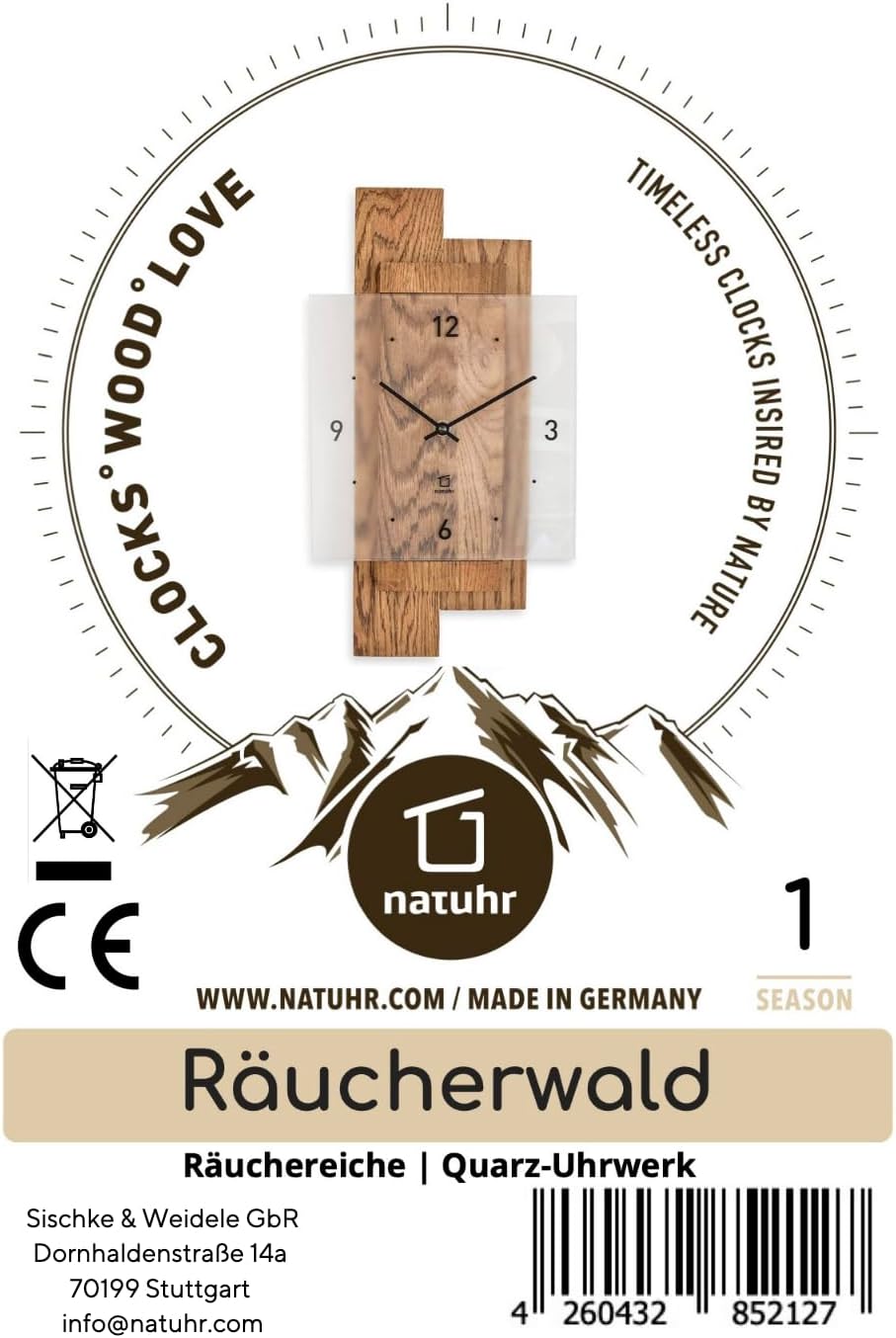 Natuhr Wanduhr Holz Räucherwald geräuscharm Eiche Massivholz Mineralglas U.T.S. Uhrwerk (Räuchereich