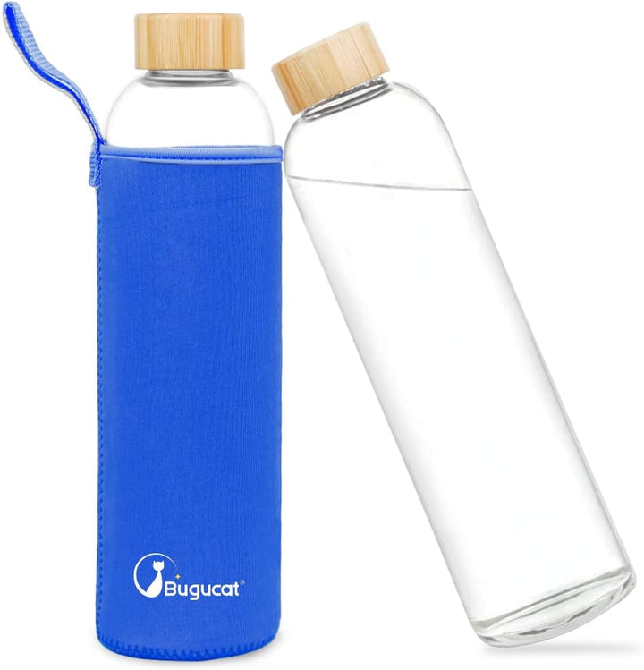 Bugucat Glasflasche 1000 ML, Trinkflasche aus Glas mit Bambusdeckel und Schutzhülle，Wasserflasche Au