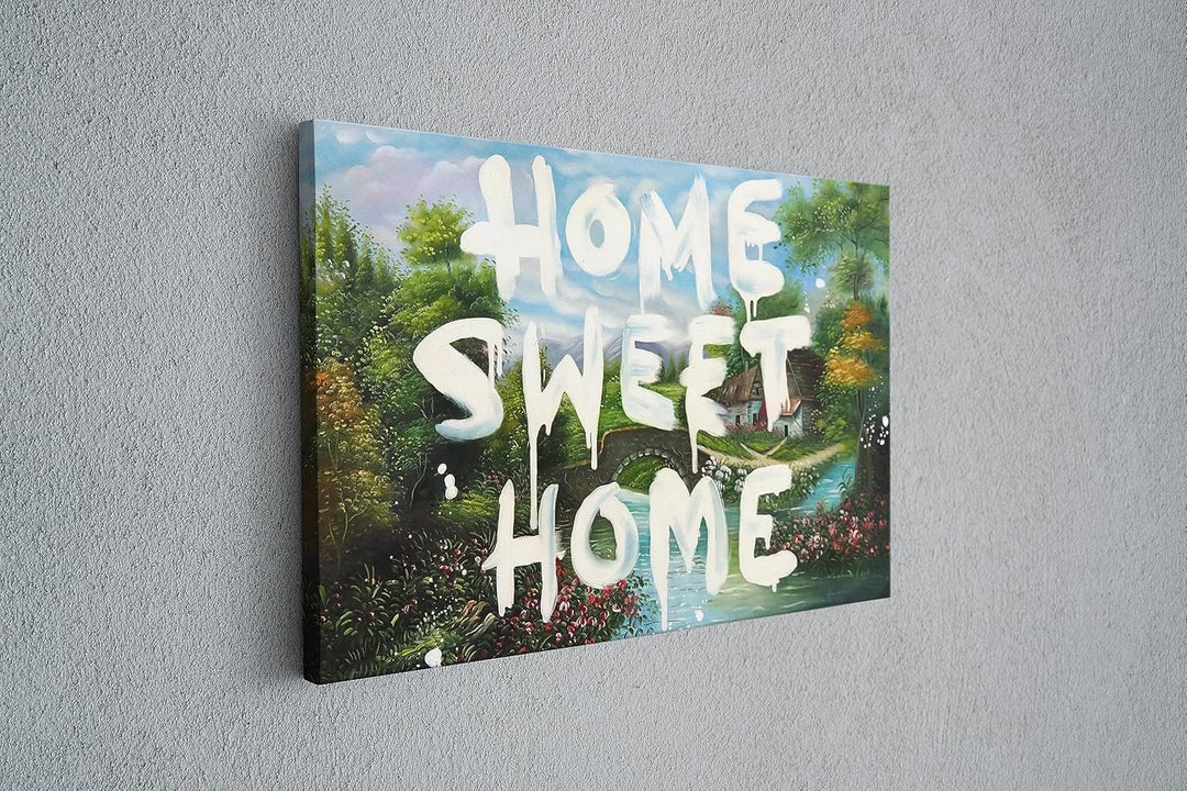 Kunstmoneten Street Art | 100% HANDGEMALT | Banksy Bilder Leinwand | Gemälde 'Home Sweet Home 90x60c