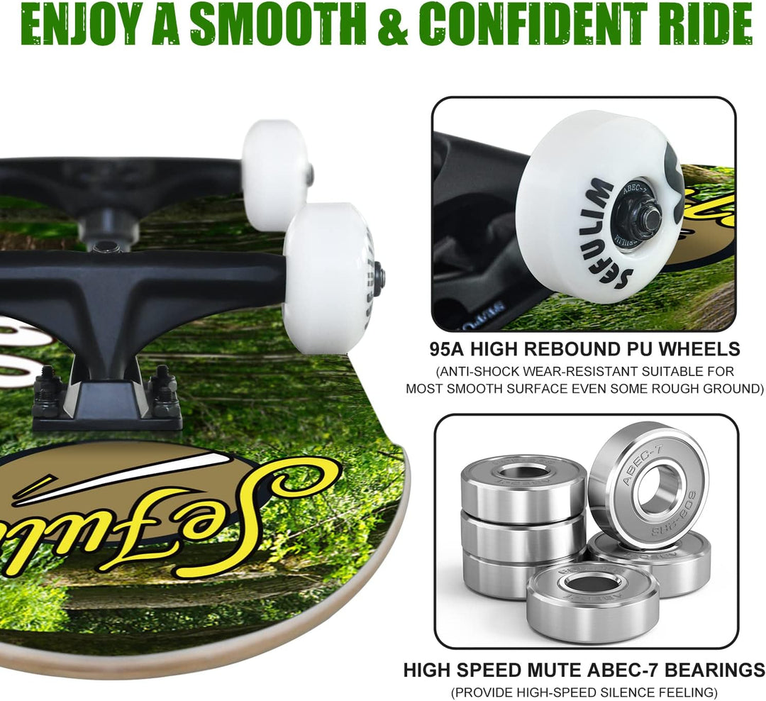 Sefulim 78,9 x 20,3 cm komplettes Skateboard, 7-lagig, kanadischer Ahorn, Doppel-Kick-Deck-Skateboar