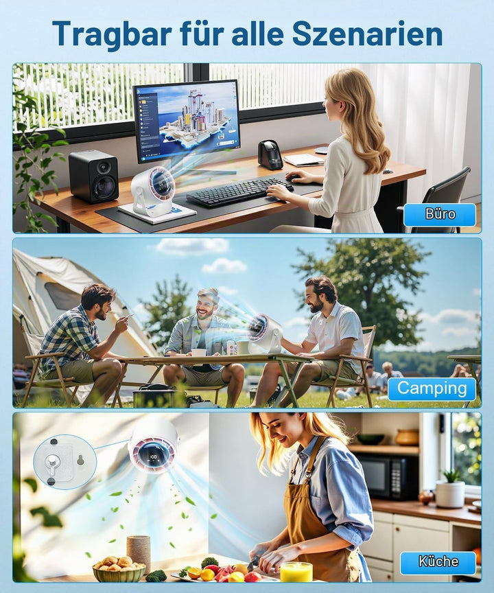 Macchiatto Tischventilator USB mit Akku, Leiser Mini Ventilator, 4 Geschwindigkeiten, 360° Verstellb